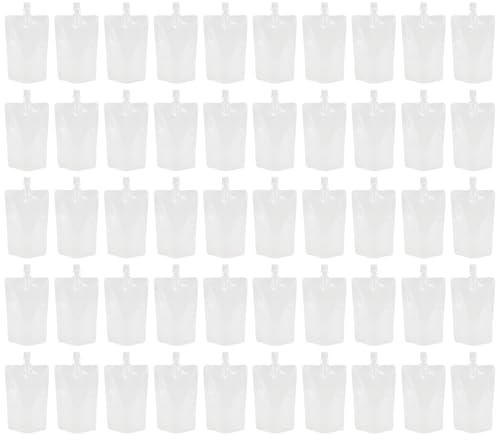 Yardwe 50pcs Transparent Beverage Flasks Portable Standing Liquor Pouch Reusable Plastic Drinks Bag with Leakproof Screw Seal for Outdoor Camping Fishing, 300ml