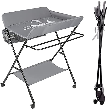Wickeltisch Klappbar, Höhenverstellbare Wickelkommode, Traglast bis 15 kg, Anwendbare Mütter Höhe: 145-175 cm (Grau-schwarz)