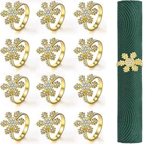 KAHEIGN 12 st julservettringar, guld snöflinga servetthållare jul servettspänne med strass för jul lunch Thanksgiving fest semester bröllop bord dekoration (4,5 cm x 4,5 cm)