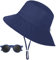 Fischerhut Baby Junge, UV Schutz UPF 50+ Breiter Krempe und Sonnenschutz Sonnenhut Baby, Kinder Bucket Hat mit Verstellbarem Kinnriemen, Sommer Strandhut mit Sonnenbrille - Blau, 6-24 Monate