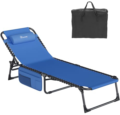 YITAHOME Sonnenliege Klappbar 190x60x31cm, Campingliege mit 4 Einstellbaren Positionen, Sonnenliegen mit Abnehmbarem Kopfteil & Seitentasche, Belastbarkeit bis 300lbs für Garten, Pool, Camping, Blau