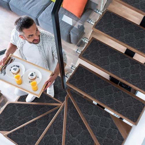 YISUN Stufenmatten 15 Stück, Anti-Rutsch Treppenstufen Matten, Treppenteppich selbstklebend Rechteckig, Teppich Treppenstufen aussen Innenbereich für Kinder Ältere und Hunde, 20 x 65 cm (Dunkelgrau)