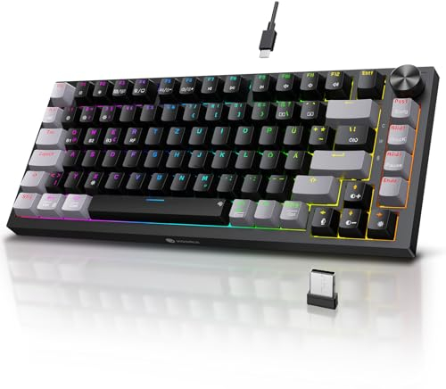 KOORUI Mechanisch Tastatur, Gaming Tastatur Kabellos/Kabelgebunden/Bluetooth 26 RGB Wiederaufladbare 4000mAh Batterie 82 Tasten Deutsches Layout QWERTZ für Windows MacOS Linux-Rotem Schalter