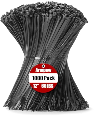 Armpow 12 Inch Zip Ties Black 1000 PCS, 60 Lbs- Heavy Duty Tensile Strength, Nylon PA66 UV Resistant Cable Ties for Indoor and Outdoor Use - Ideal for object bundling and fastening