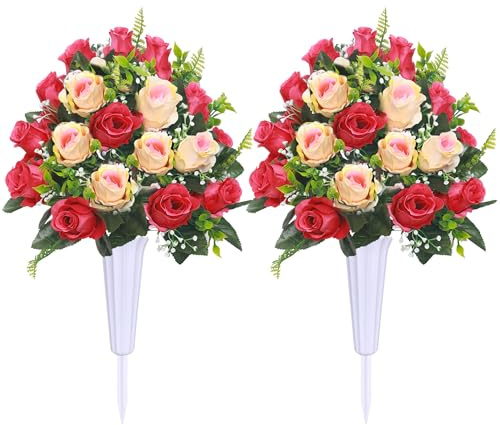 Lodou Artificial Cemetery Flowers,Set of 2 Grave Decorations Roses, Tombstone Memorial Bouquet with Vase for Grave Arrangementss (2, red & Beige)
