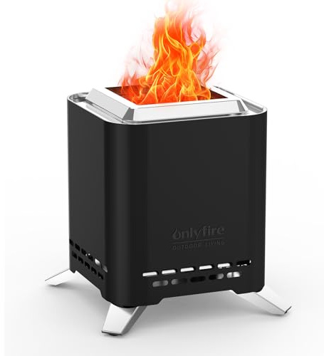 Onlyfire 2-in-1 Quadratische Rauchfreie Feuerstelle mit Topfhalterung & Tragetasche, 16,5cm Tragbare Tischfeuerstelle für Balkon Gärten, Befeuert Holz und Pellets, Schwarz