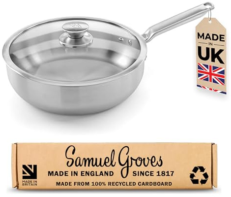 Samuel Groves Stainless Steel 26cm Saute Pan with Lid, PFAS-Free Frying Pan Cookware, Induction Compatible, Oven & Dishwasher Safe, UK Made, Tri-Ply Design for Even Heat Distribution