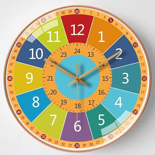 KSYOU Orologio da parete per imparare a leggere l'ora, colorato, senza ticchettio, per bambini, ragazze, ragazzi, aula, camera da letto, soggiorno, asilo, 20,3 cm, 3031dio