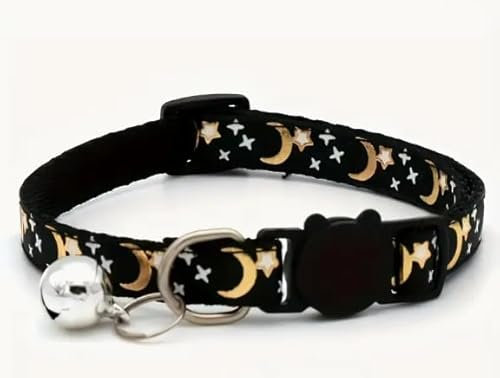 Black Cat Collar - Night Theme with Moon & Stars - Quick Release for Safety - Includes Bell for Sound - Durable & Stylish for Cats & Kittens - Comfortable Fit