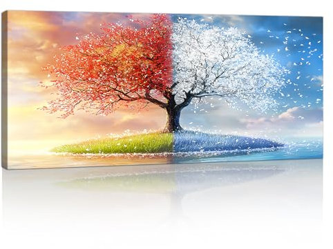 Groß Leinwandbilder Wandbilder Mit Rahmen, Bunte Kunst Baum bild auf Leinwand Wandkunst Herbst Winter Vier Jahreszeiten Bäume Kunstdruck Gemälde Deko für Wohnzimmer Schlafzimmer zum Aufhängen 120x50cm