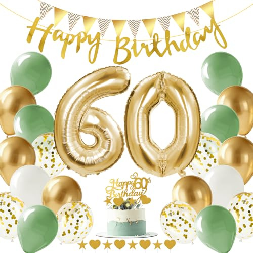Alaoo Decoracion 60 Cumpleaños,Globos 60 Cumpleaños Dorado Verde, 60 Años Decoracion Cumpleaños con Banderola Feliz Cumpleaños para Fiesta Decoración Cumpleaños Hombres y Mujere