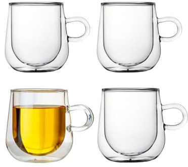 LoveFirst 4 * 250ml Tazas de Café de Cristal Expreso, Vasos de Espresso Transparentes con Aislamiento de Doble Pared con Asa, Tazas de Vidrio Borosilicato para Té, para Bebidas Frías y Calientes