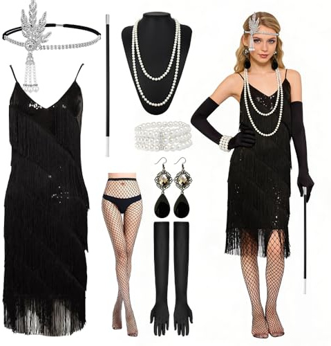 20-tals kostym dam, 8 styck Charleston-klänning dam 20-tal, Gatsby-klänning da-mer, Flapper-klänning 20-tal med 1920-talsaccessoarer da-mer för karneval, Halloween, fasching & 20-tals temafest