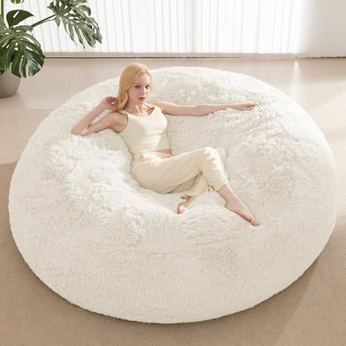 ODreamyDogs Bean Bag Cover (No Filler), Faux Fur Beanbag Chairs Covers Only, Stuffed Animal Storage Bean Bag, Giant Washable Beanbag Cover Without Filling, 5FT, White