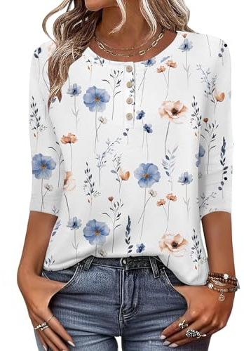 Zeagoo T-shirt för damer, med 3/4-ärm, tröja med rund hals, basic topp, Henly till sommaren, ledig, lätt och lång, storlek S–XXL