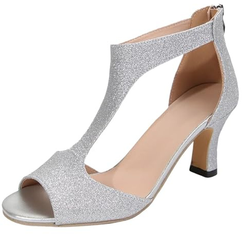Dam glitter öppen tå sandaler T-rem mellanklack kvällsskor bröllop gästfest bal pumpar med dragkedja bak