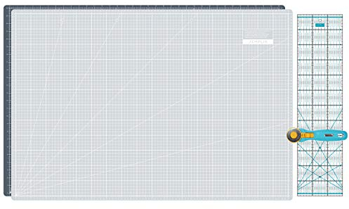 SEMPLIX Schneidematten Set - Schneideunterlage 90 x 60 cm (A1), Rollschneider Maxi 45 mm, Patchwork Lineal 60x15 cm (grau/türkis)