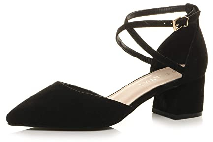 AJVANI Womens Ladies mid Block Heel Cross Strap Evening Mary Jane Court Shoes Size 5 38 Black Suede