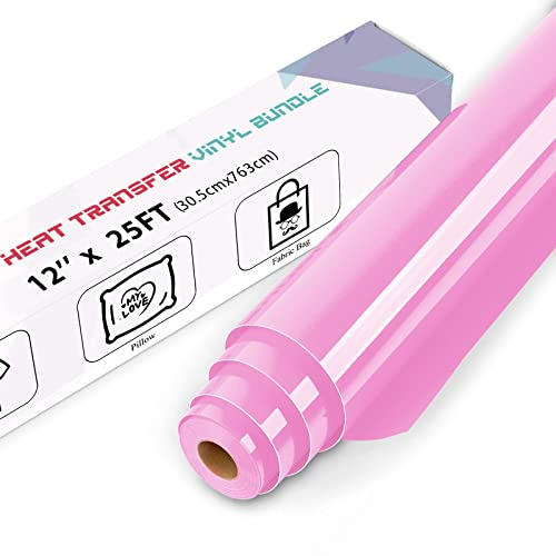 IModeur 25 Ft Pink Heat Transfer Vinyl — 30.5 x 763 cm Iron on Vinyl for Fabric, PET Backing HTV Roll for T-Shirts, Clothes, Hats, Bags and Other Textiles, Easy to Weed