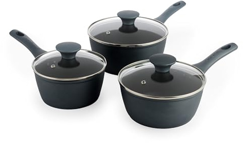 Salter Excellence 3-delat kastrullset – non-stick beläggning, härdat glaslock, smidd aluminium, induktionslämplig, termokrage, blir röd vid optimal temperatur, värmebeständig exteriör