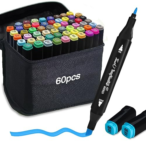 Feutre Alcool, 60 Couleurs Feutre a Alcool Permanents Marqueur Kit Double Pointe Marqueur Rond et Ciselé Stylo Feutre Créatif pour Débutants Graffiti DIY Art Esquisse
