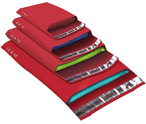 50 Mixed Size Red Mailing Bags, Red 4 Sizes Self Seal Strong Waterproof Poly Plastic Envelopes for Parcels, Packaging, Small, Medium, Large Mail, Shipping Courier Delivery Bags