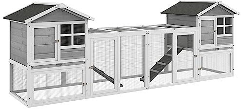 PawHut Conigliera in Legno da Esterno con 2 Casette 259x64x92 cm Grigia