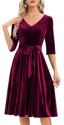 Bbonlinedress Abiti Rockabilly da Donna a 3/4 di Manica con Scollo a V, Manica Lunga, Abito Midi Elegante per Matrimonio, Stile Vintage, Cocktail, XL