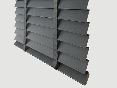 Funky gadgets Persianas venecianas de madera sintética con vetas de madera de 50 mm, listones horizontales con cinta adhesiva, fácil ajuste para oficina, hogar (patrón en relieve gris oscuro, 90 x 150