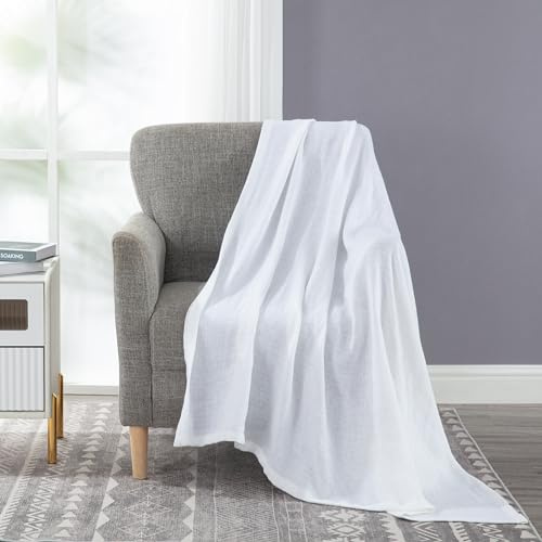 Chezmoi Collection Brussels Belgian Flax Linen Throw Blanket, 50 x 70 - Pre-Washed Super Soft Lightweight Breathable Summer Blanket White Color for Living Room Couch & Bed