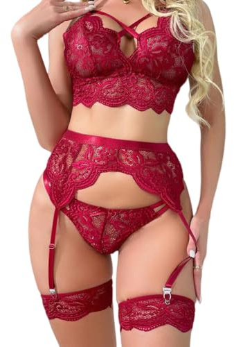 Ensemble Lingerie Brassière Femmes Dentelle Licou Teddy Babydoll Vêtement de Nuit Ensemble de Lingerie Sexy avec Porte Jarretelles