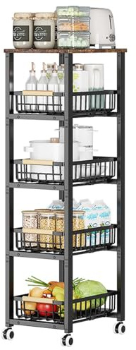 5-Tier Utility Kitchen Storage Cart with Pull-Out Baskets and Wooden Tabletop, Rolling Cart with Wheels for Kitchen, Living Room, Dining Room