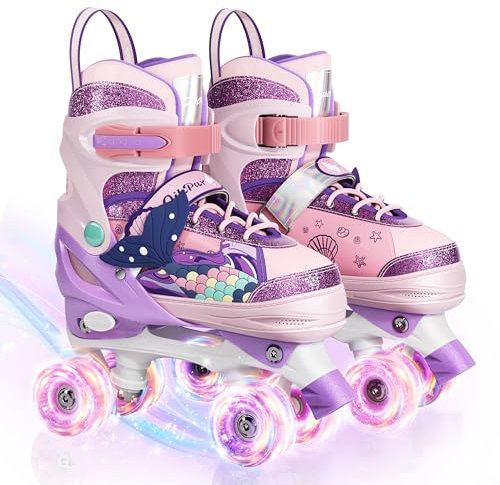 Rollschuhe für Kinder mit leuchtenden Rädern und 4 Größen einstellbar Quad Roller Skates für Mädchen und alle Anfänge (Pink, M)