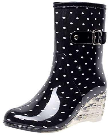 Botas de goma impermeables para mujer con tacón de cuña retro, diseño de lunares, transparentes, antideslizantes, para la lluvia, botas de goma, botas de jardín, botas de lluvia a la moda, botines de