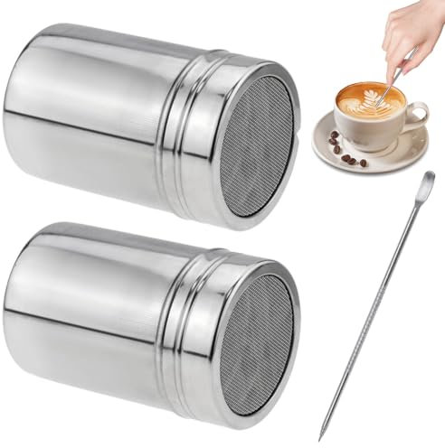 3 Pezzi Zucchero a Velo, Spargi Cacao in Polvere, Spargizucchero in Acciaio Inossidabile con Coperchio Powdered Sugar Shaker per Sale, Zucchero, Farina, Cacao, Caffè, Cioccolato（1 Latte Art Penna）