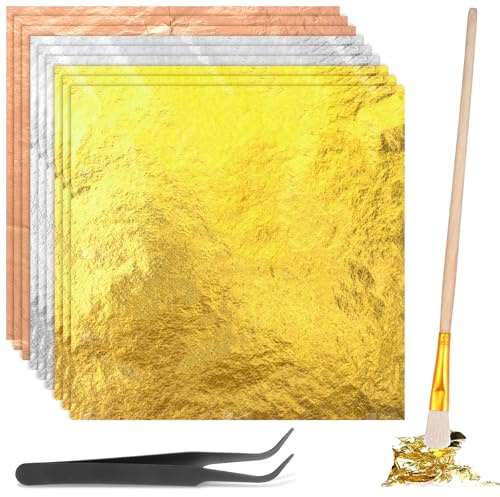 PEOVLVN 150 Pcs Gold Leaf Sheets for Art, 3 Colors Gold Foil Sheets with Tweezer & Brush Gold Leaf kit Foil Art for DIY Crafts Decor Painting Gilding Bronzing (Gold, Silver, Rose Gold)