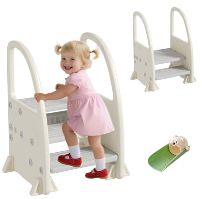 Hominewti Sgabello Per Bambini Piccoli Per Il Lavandino Del Bagno, 2-3 Gradini Regolabili in Altezza, Sgabello Antiscivolo, Multifunzionale Con Maniglie, Grigio
