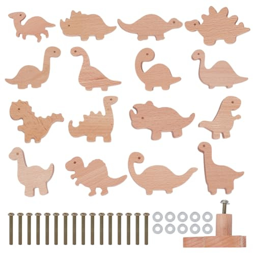 OLYCRAFT 16pcs bouton de Meuble en Bois Motif Dinosaure Décoratif en Bois Naturel avec Vis Idéal boutons d'armoire en bois pour chambre d'enfant de en bois pour la Maison Ou les Tiroirs