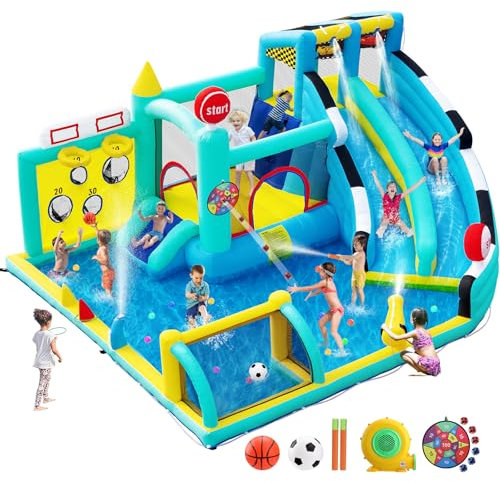 Castello Gonfiabile Grande per Bambini con Acquatico Scivolo, Piscina, Pareti Arrampicata, Trampolino, Canestro da Basket per Interno Giardino Esterno, 470×400×220cm