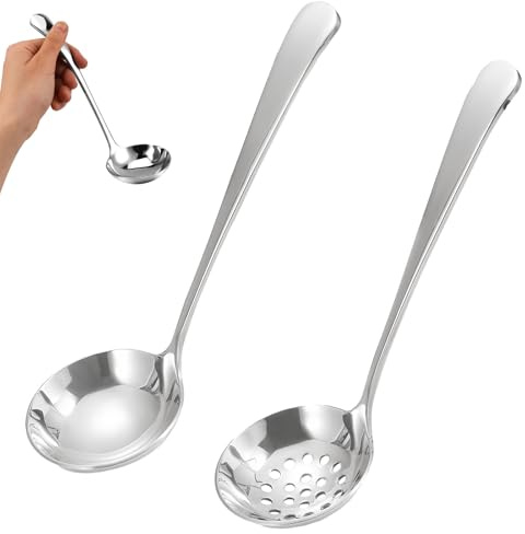 Set de 2 Cucharones de Cocina - Cucharon de Sopa y Cucharon Colador de Acero Inoxidable, 6 cm, Utensilios Prácticos para Servir Sopas y Salsas
