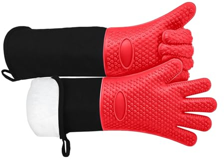 Silicone Oven Gloves, Extra Long, Heat-resistant, Red | Waterproof, Non-slip Fingered, Suitable for Cooking, Baking, Grills, Weber Barbecues, Microwaves, Insulated Oven Mitts