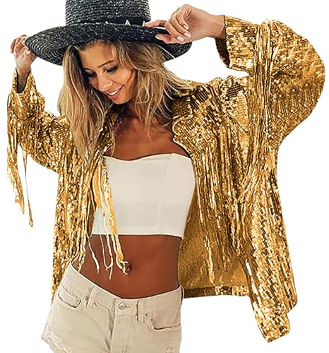 Generisch Veste tendance pour femme avec franges élégantes et paillettes scintillantes dans un style disco tendance et country pour les occasions festives, la mode nuptiale, or, taille unique