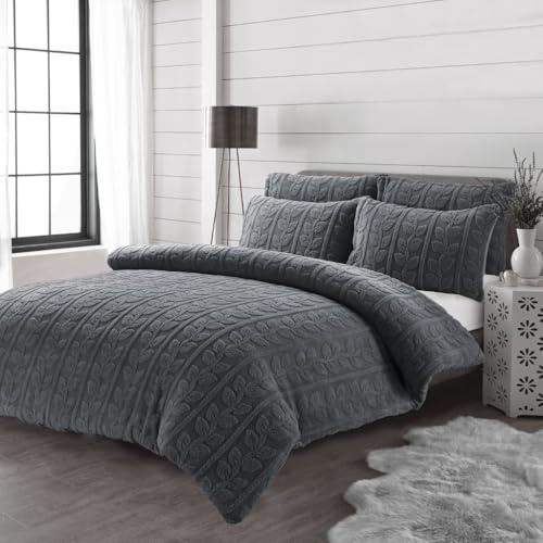 INSAFIANS Luxury Leaves Teddy Sherpa Fleece Duvet Cover – Super Soft Warm & Cozy Winter Bedding Set with Pillowcases (Grey Double)