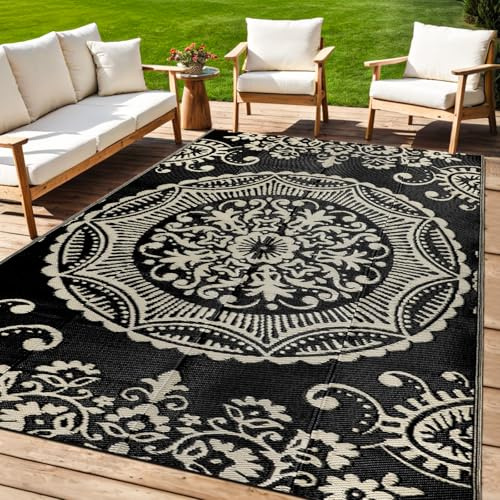 Capslpad Vattentät utomhusmatta 150 x 245 cm, vändbara trädgårdsmattor, bohemiska blommor, plasthalmmatta, bärbar husbilsmatta, inomhus, utomhus, bakgård, släpvagn, balkong