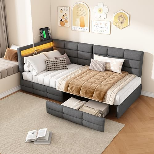 KOOPMAD Letto singolo con spazio di archiviazione, divano letto imbottito, 90 x 200, cassetto con LED e USB, letto per ragazzi, letto per gli ospiti, letto per bambini, letto con rete a doghe, senza
