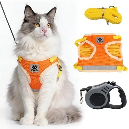 Arnés para Gatos con Correa Antiescape, Arnés Suave para Gatos, Tiras Reflectantes, Correa Automática 5m Regalada, Ajustable para Gatos y Cachorros (Naranja-Amarillo, Talla M)