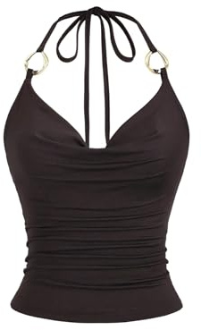 GORGLITTER halterneck topp damer rygglös axelbandstopp elegant halterneck-topp Y2K rynkad topp ärmlös crop top vattenfallsurringning toppar, Kaffebrun, S