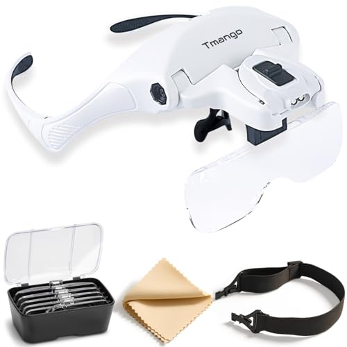 TMANGO Lighted Magnifier Headset with 5 Lenses – Hands-Free Magnifying Tool for Electronics, Jewelry, Crafts, Soldering, Eyelash Extensions
