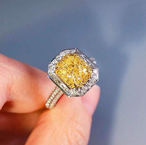 Xiaomei Women 925 Sterling Silver Princess Cut Citrine Ring Cushion Cut Cubic Zirconia CZ Statement Halo Engagement Ring Wedding Jewelry Size 6-10 (US 8)