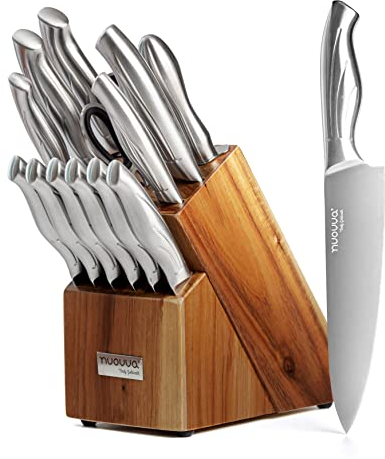Kitchen Knife Block Set – 14-Piece Knife Set with Hardwood Block – Stainless Steel Blades – Hollow Knife Set for Chopping, Slicing, Dicing – by Nuovva